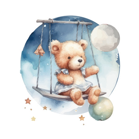 Cute teddy bear swinging on a swing on a star.watercolor hand draw illustration.can be used for kid poster or baby showerのイラスト素材