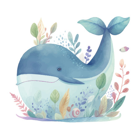 Cute blue watercolor whale vector postcardのイラスト素材