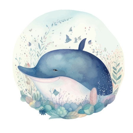 Cute blue watercolor whale vector postcardのイラスト素材