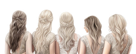 Illustration of a bride and bridesmaids in elegant dresses back viewのイラスト素材