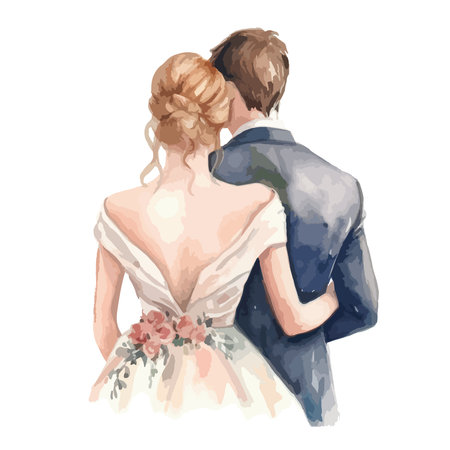 Watercolor illustration of a loving couple of newlyweds bride and groomのイラスト素材
