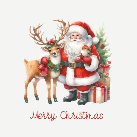 Cute watercolor christmas Santa Claus with deer,gift boxes and christmas tree. Christmas wishes calligraphy card. Template for New Year Card, Scrapbooking, Sticker, Planner, Invitation.のイラスト素材