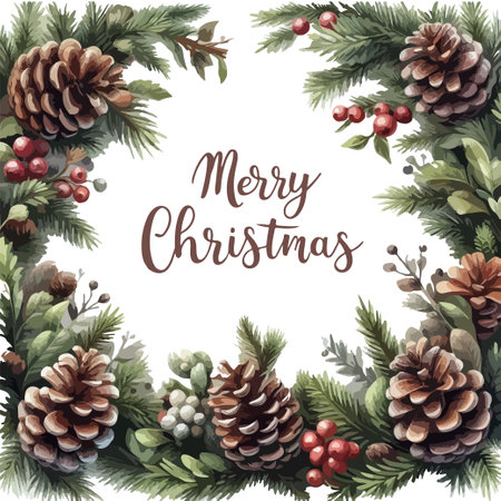 Watercolor frame of fir branches with pine cones. Merry Christmas letteringのイラスト素材