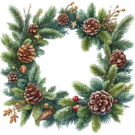 Watercolor frame of fir branches with pine cones. Merry Christmas letteringのイラスト素材