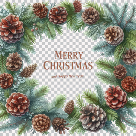 Watercolor frame of fir branches with pine cones. Merry Christmas letteringのイラスト素材