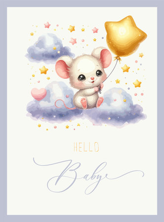 Cute baby shower watercolor invitation card with mouse on cloud. Hello baby calligraphyのイラスト素材