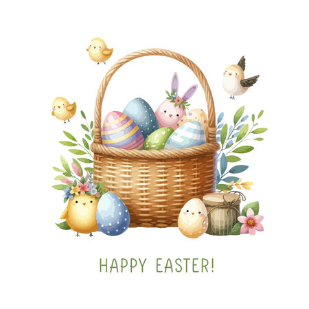 Easter egg in a basket, watercolor compositionのイラスト素材