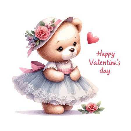 Watercolor Valentine's Day card, children's illustration with animal girl bearのイラスト素材