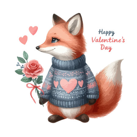Watercolor Valentine's Day card, children's illustration with animal foxのイラスト素材