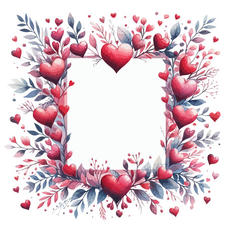Vector square frame made of hand painted watercolor hearts and flowers. Cute and romantic, perfect for Valentines day greetingのイラスト素材