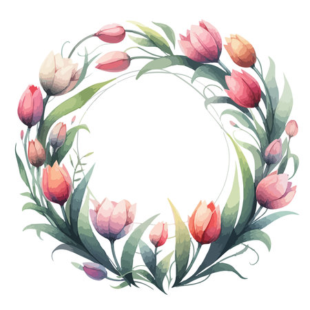 Round label with watercolor Spring tulips for woman day, easter, 8 march.のイラスト素材