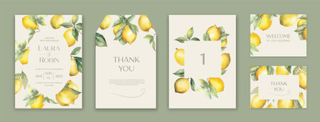 Wedding Invitation Card Design, LEMON branches and fruits Wedding Invite, Colorful Spring Floral Invitation Card.のイラスト素材