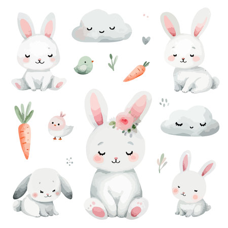 Set of watercolor cute white rabbits. Hand Drawn vector illustration.のイラスト素材