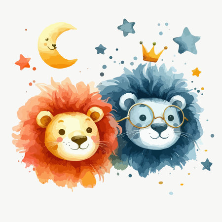 Kids watercolor illustration with cute baby lionのイラスト素材