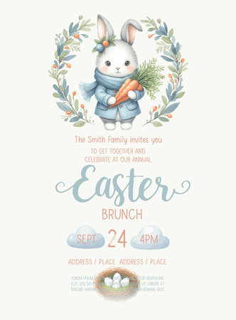 Cute watercolor Easter brunch invitation card with rabbit with carrot in hands. Easter calligraphyのイラスト素材