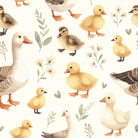 Seamless watercolor pattern goose and little ducklings with sprigs of leavesのイラスト素材