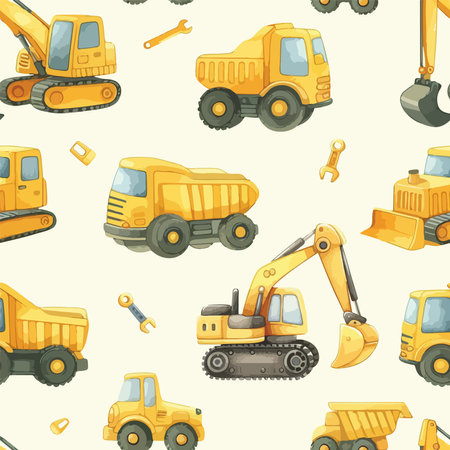 Seamless pattern of watercolor construction equipment. Special machines for the construction work. Forklifts, cranes, excavators, tractors, bulldozers, trucksのイラスト素材