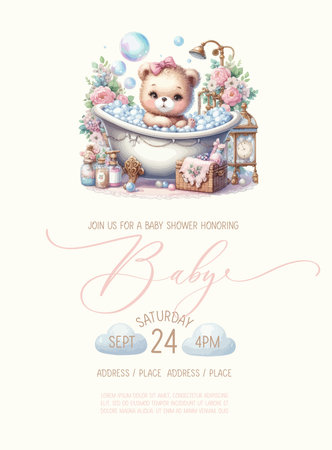 Cute baby shower watercolor invitation card with teddy bear girl takes a bath with foam.のイラスト素材