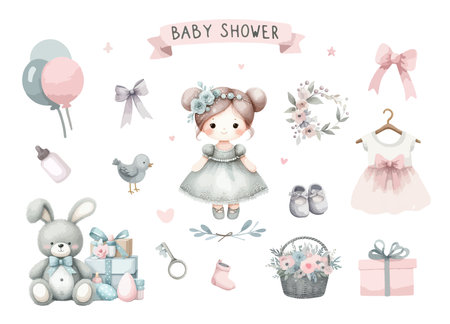 Set of cute watercolor baby shower cards clipart for invitation card, poster.のイラスト素材