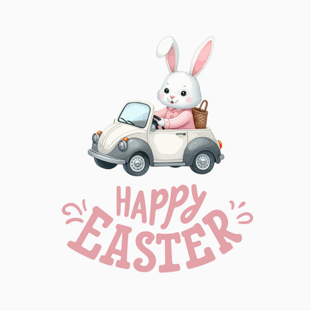 Watercolor cute Easter rabbit bunny and lettering Happy easterのイラスト素材