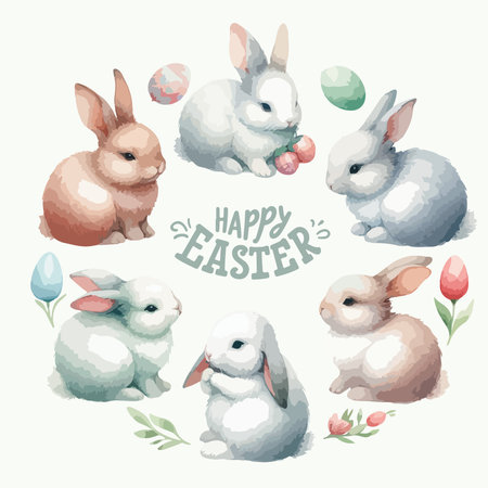 Round watercolor frame with cute Easter rabbit bunny, floral leaves and letteringのイラスト素材