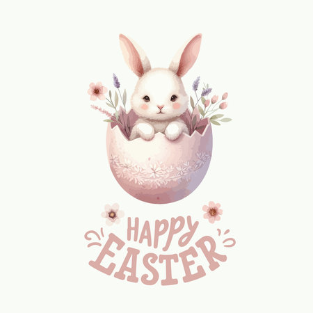Watercolor cute Easter rabbit bunny and lettering Happy easterのイラスト素材