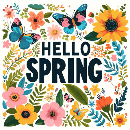 Hello Spring hand drawn badge banner. Lettering spring season with leaf for greeting card, invitation templateのイラスト素材