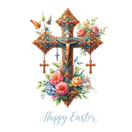 Watercolor Orthodox cross in flowers.Happy easter. Cute Easter greeting card with flowersのイラスト素材