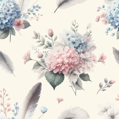 Gentle watercolor floral seamless pattern with hydrangea flowers and feather on white backgroundのイラスト素材