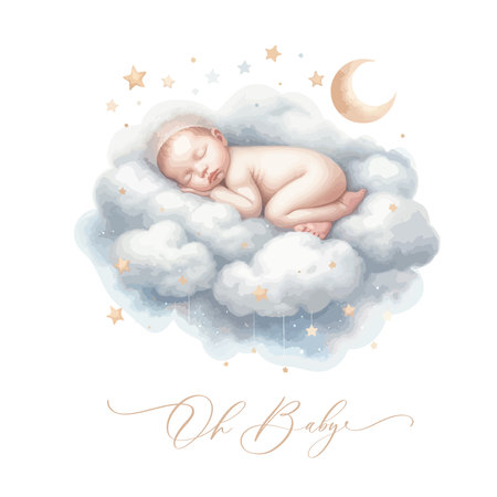 Newborn Baby sleeping on the cloudsのイラスト素材