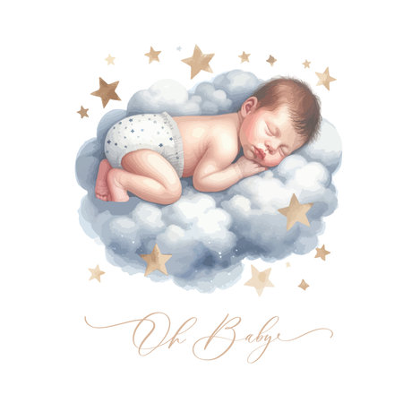 Newborn Baby sleeping on the cloudsのイラスト素材