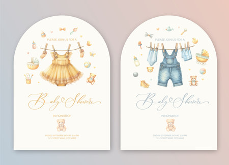 Cute baby shower watercolor invitation card for baby and kids new born celebration with baby dress and toysのイラスト素材