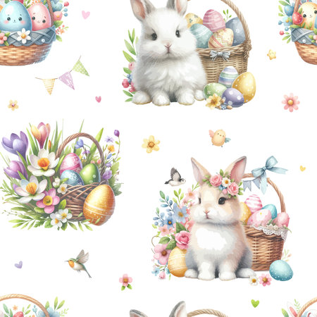 Vector seamless watercolor pattern of cute easter clipart. Pattern for printing on textiles, paper, packaging, wallpaperのイラスト素材
