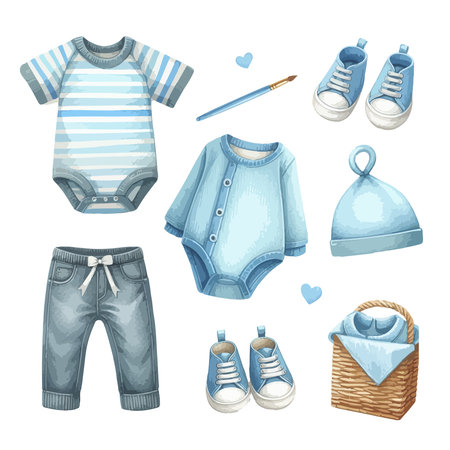 Set of baby clothes and accessories. Vector illustration in cartoon style.のイラスト素材