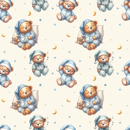 Seamless pattern with Cute watercolor sleeping bear on moon and cloudのイラスト素材