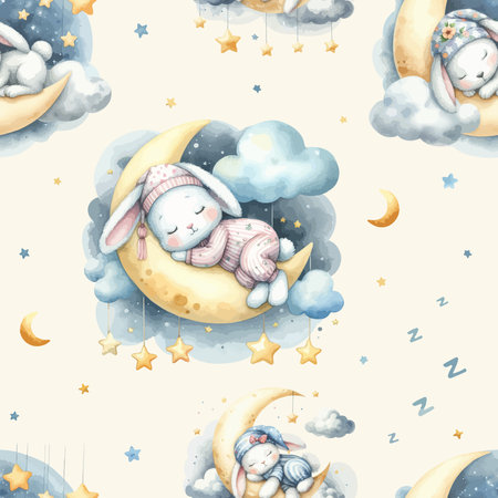 Seamless pattern with Cute watercolor sleeping bunny on moon and cloudのイラスト素材