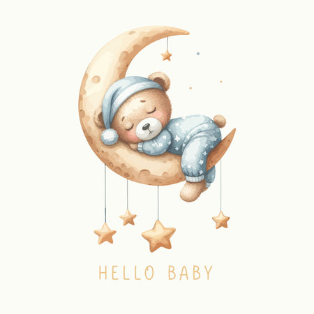 Cute baby shower watercolor invitation card with sleeping bear on moon and cloudのイラスト素材