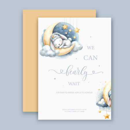 Cute watercolor invitation card. We can bearly wait. Its a girl, Its a boy card with sleeping bear on moon and cloudのイラスト素材