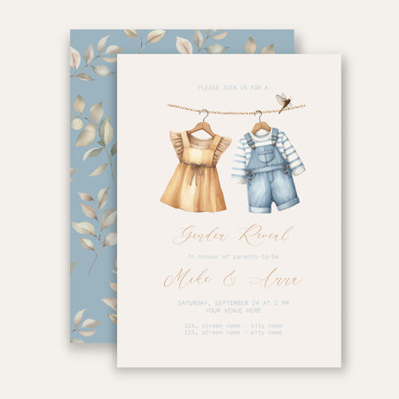 Cute baby shower watercolor invitation card for baby and kids new born celebration with baby clothesのイラスト素材