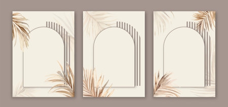Tropical cover design set. Floral background with exotic palm leaf. Elegant vector collection for wedding invite, brochure template, restaurant menuのイラスト素材