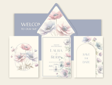 Luxury wedding invitation card background with watercolor Anemone flowers and botanical leavesのイラスト素材