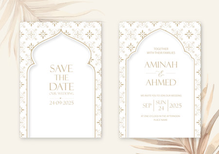 Elegantly designed wedding invitations featuring a geometric pattern and a mosque arch.のイラスト素材