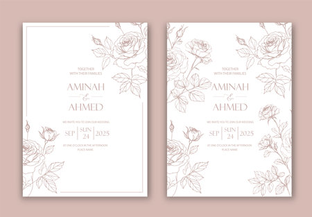 Wedding Invitation with Flowers in line design.のイラスト素材