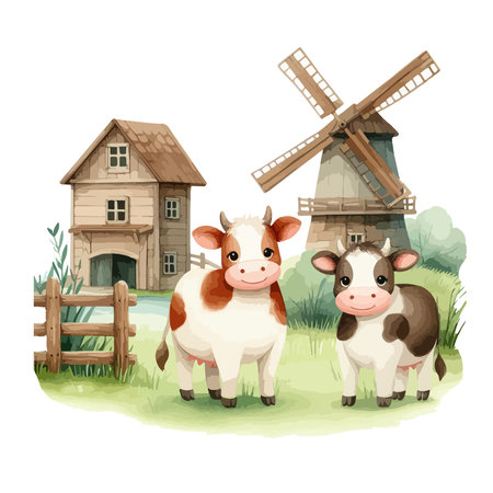 Watercolor illustration of a cow on a lawnのイラスト素材