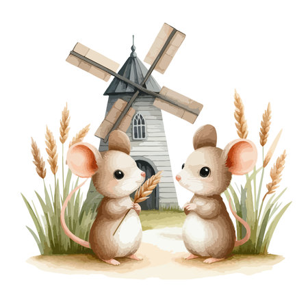 Watercolor illustration of mice near a mill on a lawnのイラスト素材