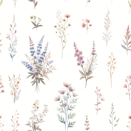 Vector floral seamless pattern with wild flowers, herbs and grasses. Pastel colors on white background. Delicate field flower and herb illustrationのイラスト素材