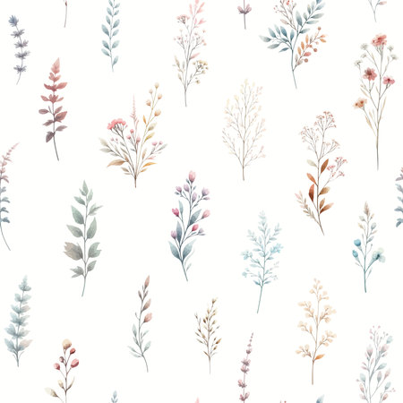 Vector floral seamless pattern with wild flowers, herbs and grasses. Pastel colors on white background. Delicate field flower and herb illustrationのイラスト素材