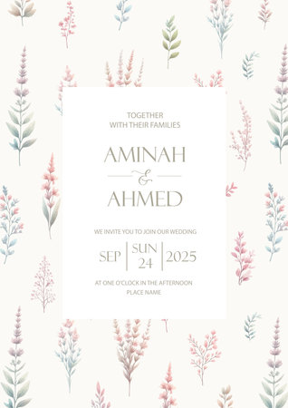 Wedding card design with wild flower background. Floral invitation template with botanical pattern, inviting to engagement and marriage ceremonyのイラスト素材