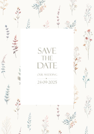 Wedding card design with wild flower background. Floral invitation template with botanical pattern, inviting to engagement and marriage ceremonyのイラスト素材