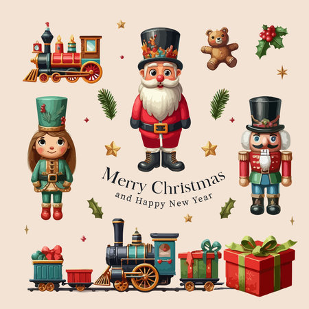 Christmas watercolor decorative banner with happy Santa Claus, nutcracker, locomotive and gift boxes and other New Year symbolsのイラスト素材